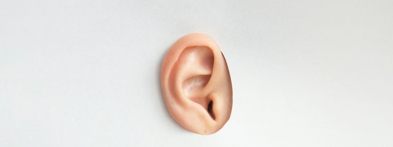 A human ear on a gray background.